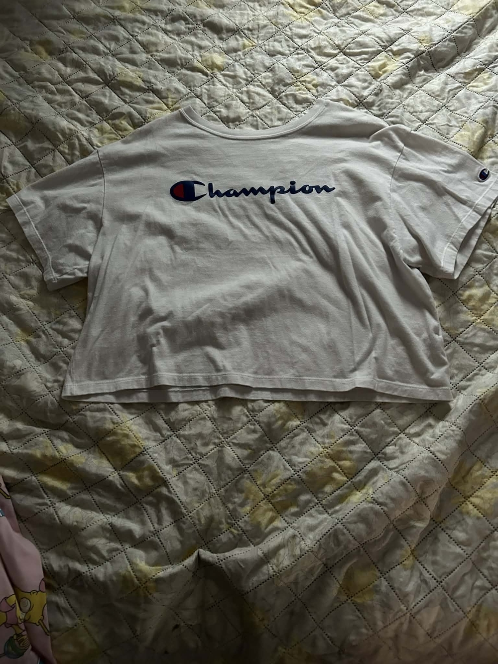 Champion White Cropped Logo Shirt with Navy & Red Accent